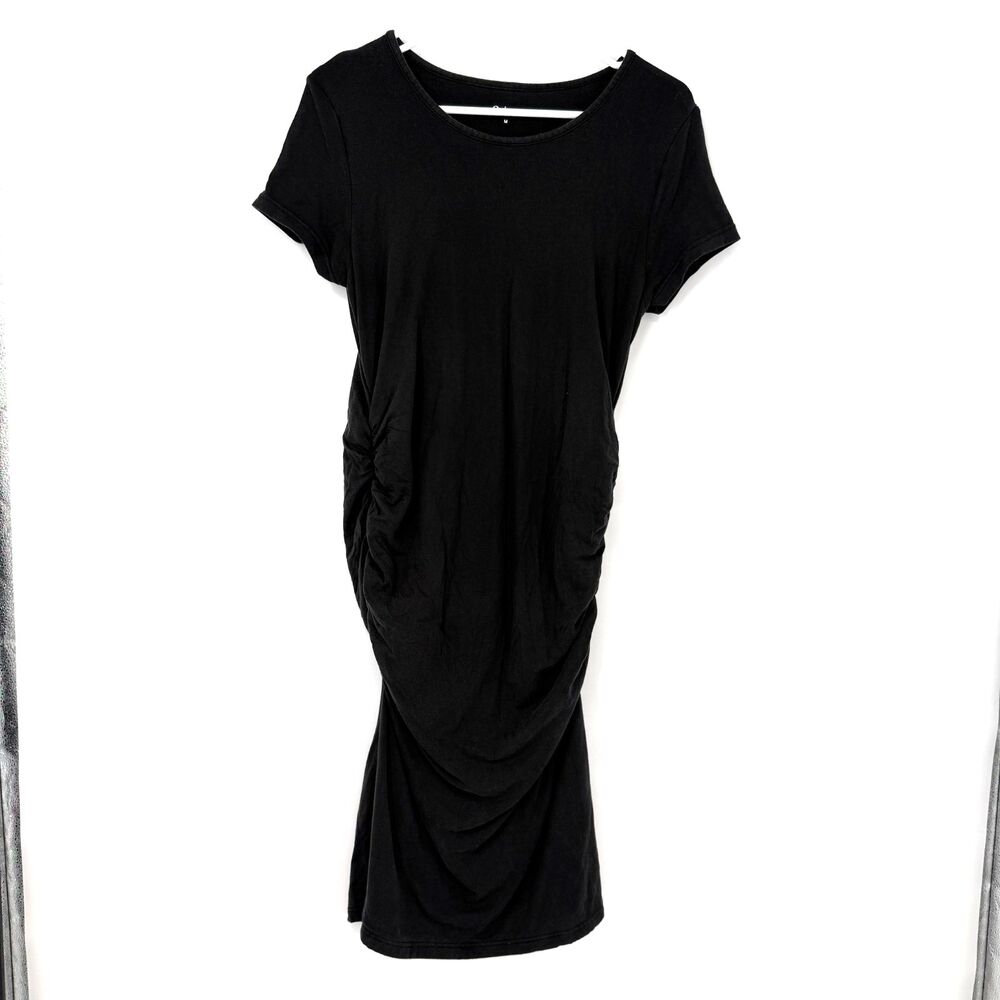 Quince Maternity Ruched Dress Midi Short Sleeve Black Tencel Jersey Soft Size M